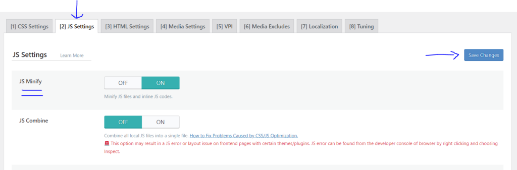 JS Settings > Save changes