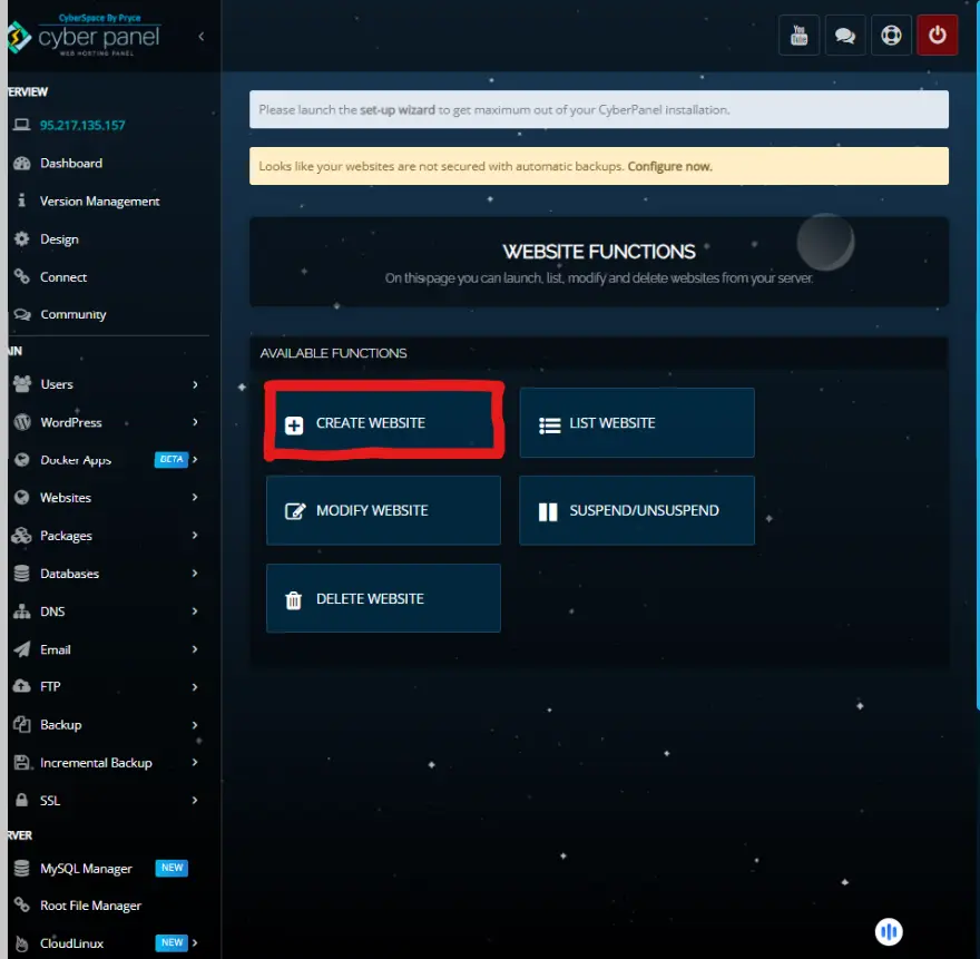 Navigate to "Create Website"