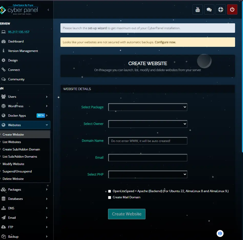 Filling Website Details