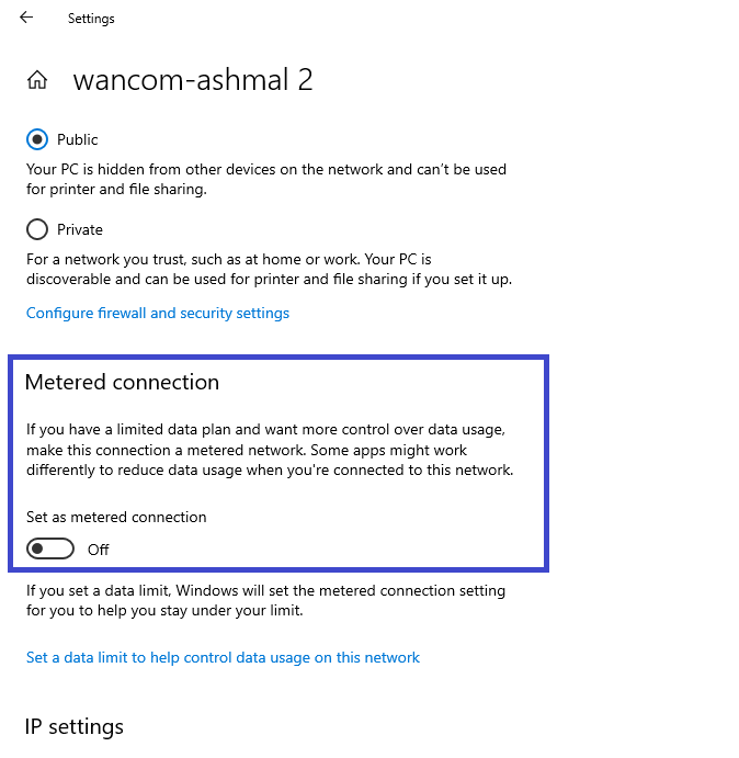 metered connection toggle on