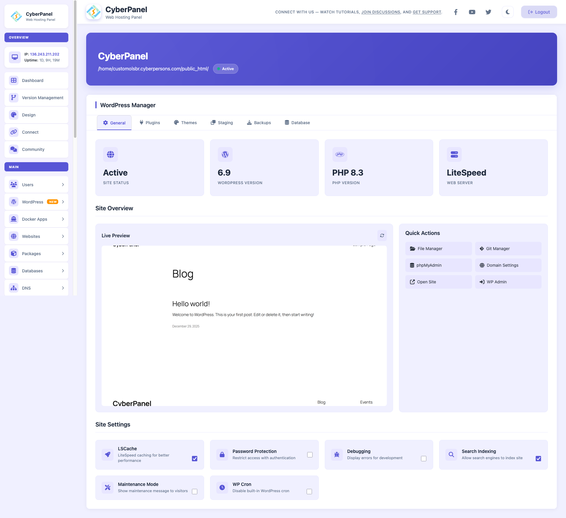 WordPress Manager Pro Dashboard - Manage WordPress sites with staging, backups, auto-updates, and plugin management in CyberPanel